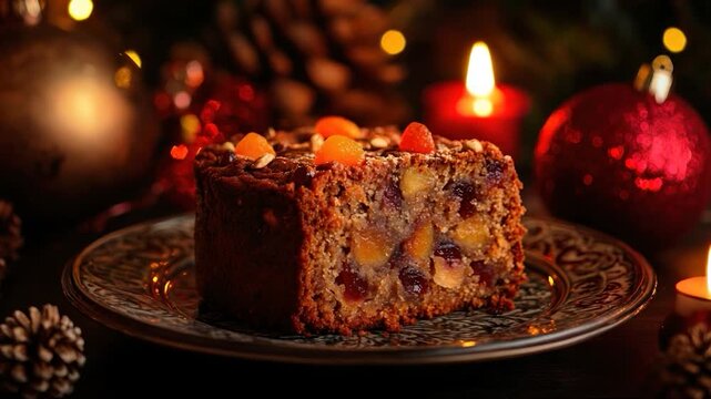 Festive fruitcake slice on a decorative plate, surrounded by Christmas decorations and candles