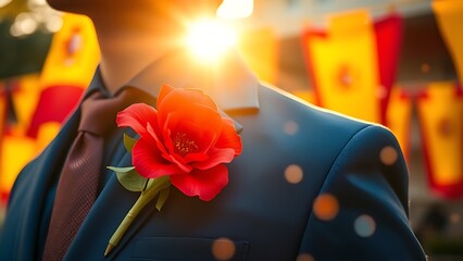 A red carnation pinned on a navy blue jacket, golden sunlight filtering through festive flags and confetti.