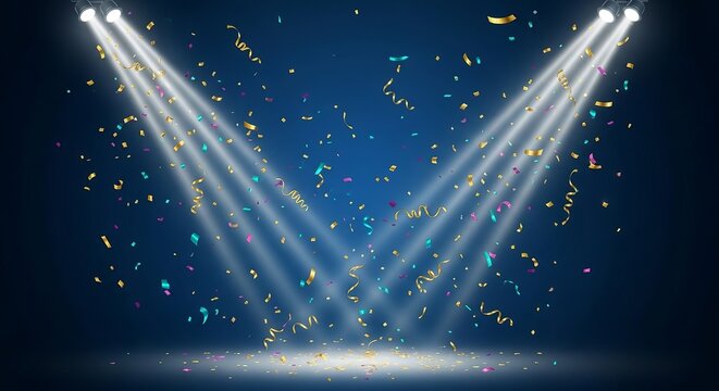 Two spotlights shine on a blue background with falling gold confetti
