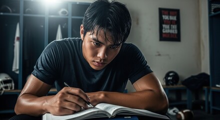 Determined athlete studying in locker room with football helmets and equipment, focused on academics and sports, balancing education and athletic training for future success