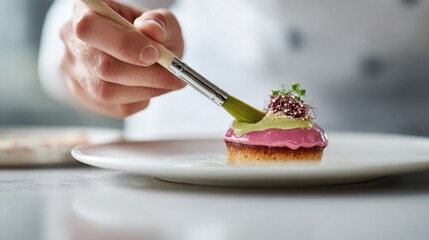 Chef's hands using a pastry brush on a delicate dessert Pink and green frosting garnish