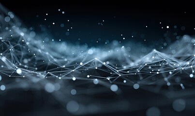Abstract digital network.  Soft, light-gray lines and points create a textured, undulating landscape against a deep-navy backdrop.  Scattered, small, glowing circles add depth and movement