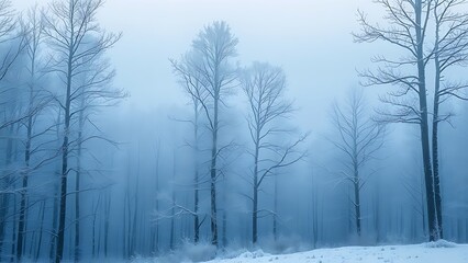 Misty winter forest with frozen trees and soft fog layers, evoking a serene atmosphere.