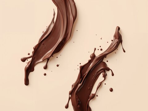 A dynamic splash of liquid chocolate against a plain beige background. The smooth, swirling brown liquid creates an elegant and tempting visual.