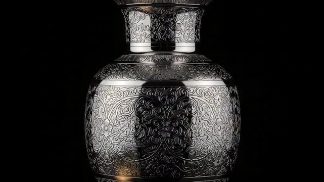 Ornate Silver Vase with Detailed Engraved Patterns.