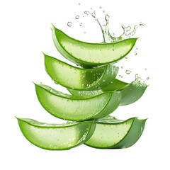 Fresh aloe vera slices with water splash isolated on transparent background