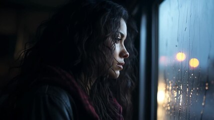 pensive young woman with curly hair looking out of a window on a rainy day, observing the city lights blurred by the raindrops running down the glass 4k video - Powered by Adobe