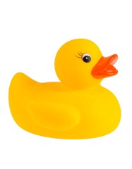 Yellow rubber duck toy, side view, isolated on white