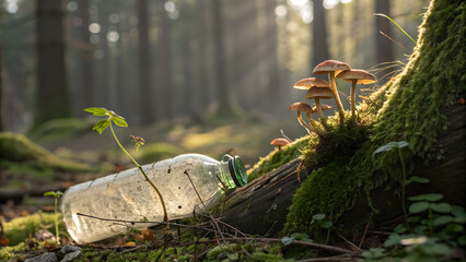 Obraz premium Plastic bottle litter in a sunlit forest with growing mushrooms and plants