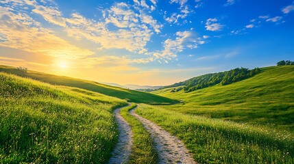 Obraz premium Serene Meadow Path at Sunrise Green Hills, Blue Sky, and Golden Light
