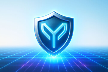 Futuristic glowing shield with abstract digital network background