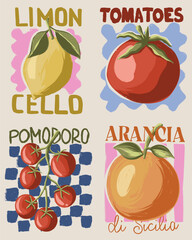 Vector Set Italian Mediterranean Citrus and Tomato Illustration. Hand Drawn Lemon, Orange, Tomato Elements in Rustic Poster Style for Food, Summer, and Decorative Design