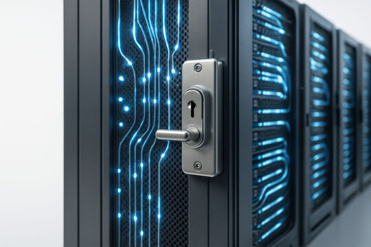 Modern server room with blinking blue lights and data center technology