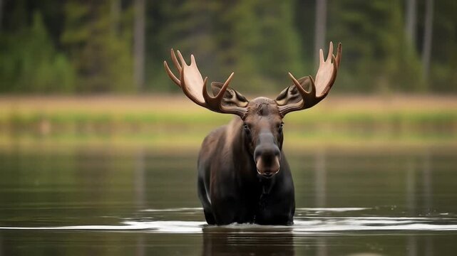 Majestic Bull Moose in a Tranquil Forest Lake Wildlife Photography for Nature Documentaries  Conservation Projects  and Travel Brochures