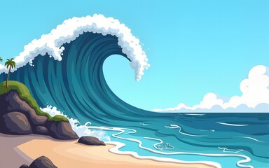 Cartoon tsunami wave towers over Earth, emphasizing World Tsunami Awareness Day next to the beach....