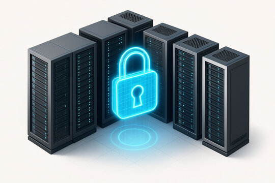 Secure server rack with glowing blue lock symbol