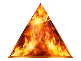 Fiery triangle shape with burning flames isolated on transparent background, a symbol of energy, danger, and heat, with abstract and decorative design elements