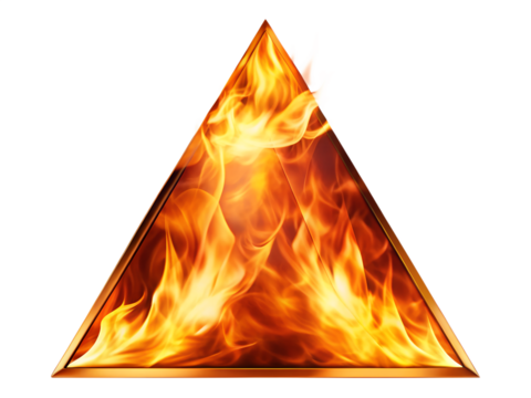 Fiery triangle shape with burning flames isolated on transparent background, a symbol of energy, danger, and heat, with abstract and decorative design elements
