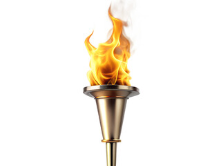 Golden olympic torch with bright flame isolated on transparent background, a symbol of victory, achievement, and the spirit of competition in sports