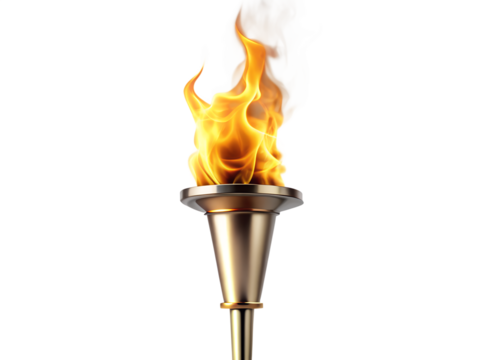 Golden olympic torch with bright flame isolated on transparent background, a symbol of victory, achievement, and the spirit of competition in sports