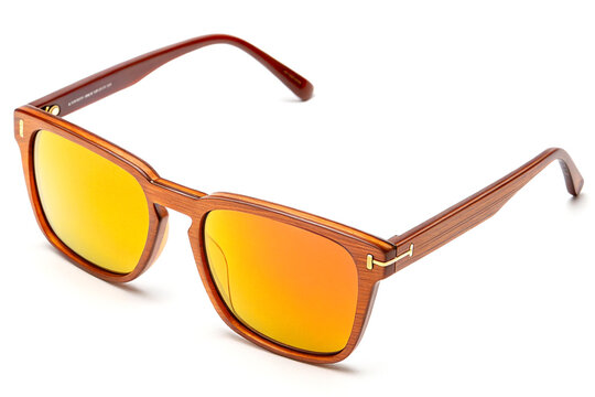 Brown framed sunglasses with orange and yellow palette on white background