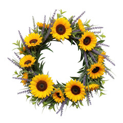 Sunflower and lavender wreath isolated on transparent background