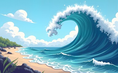 Cartoon tsunami wave towers over Earth, emphasizing World Tsunami Awareness Day next to the beach....
