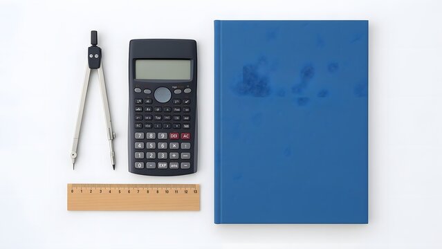Flat Lay of Geometric Tools and Math Textbook on White Background
