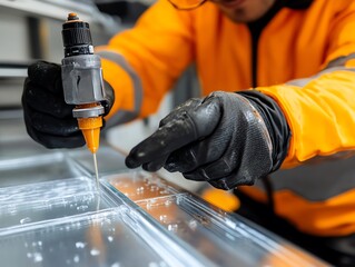 An adhesive gun dispensing fireproof glue on constructiongrade glass