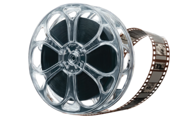 Cinematic film reel, transparent, black background