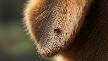 Tick Parasite on Golden Dog Fur Close-up, Dangerous Tick Attached to Pet's Golden Coat