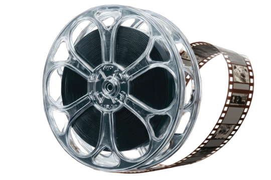Cinematic film reel, transparent, black background