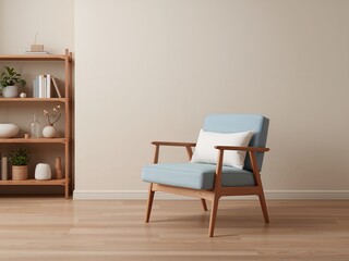 A pastel blue armchair next to a wooden bookshelf. A clean and cozy minimalist living room or study.
