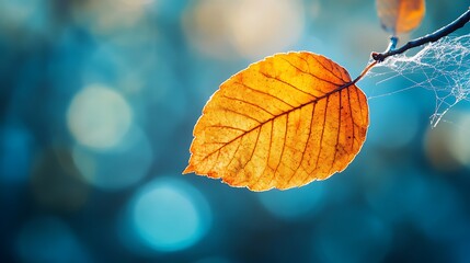Obraz premium Sunlit Yellow Leaf with Spiderweb on Branch Against Blurred Blue Background