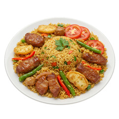 Fototapeta premium Plate of Colorful Fried Rice with Grilled Vegetables and Marinated Meat Served in White Dish