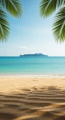 Tropical beach paradise with palm trees, turquoise water, and a distant island