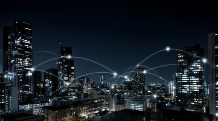 Night cityscape with illuminated skyscrapers and connecting network lines
