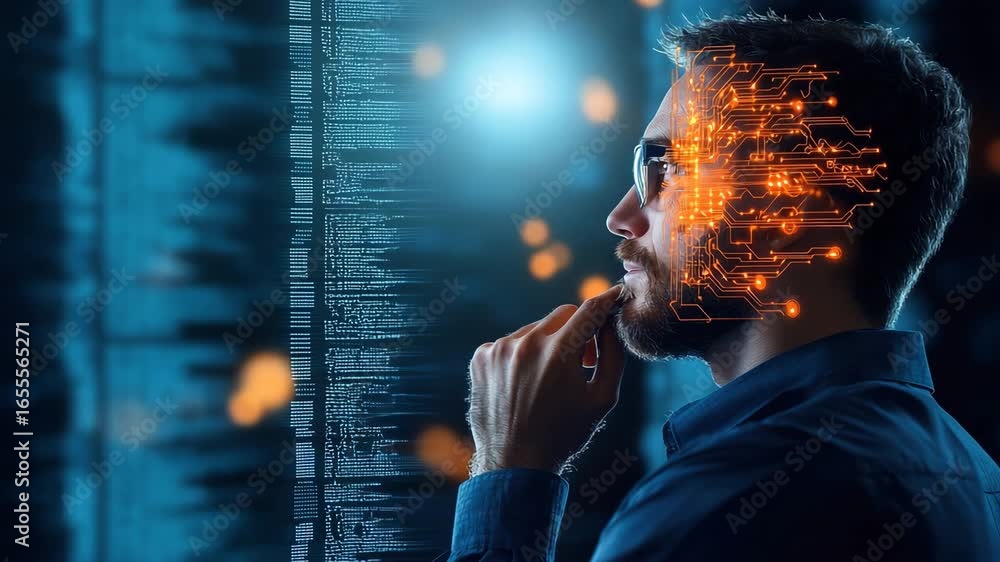 Poster artificial intelligence technology data digital futuristic innovation man code glowing thoughtful cy