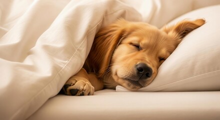 Obraz premium Portrait of Serenity: A dreamlike and photorealistic depiction of pure serenity, featuring a golden retriever puppy sleeping peacefully in bed.