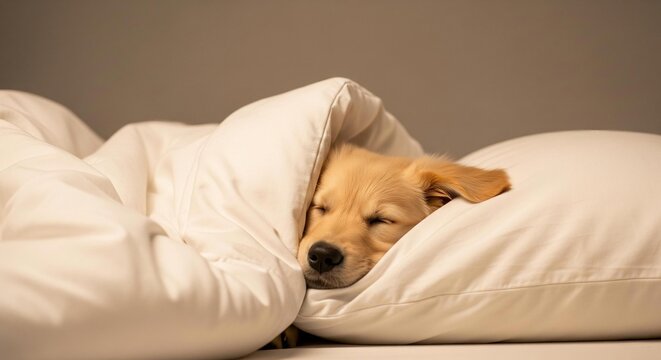 Cocoon of Comfort: A heartwarming glimpse of a tiny golden retriever puppy enveloped in a voluminous white comforter, lost in a deep sleep.