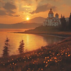 Golden sunset over a serene lake with a church on a hill.