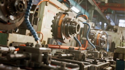 Obraz premium Close-up of precision machinery parts on assembly line with warm glow, showcasing advanced manufacturing technology and industrial automation process.
