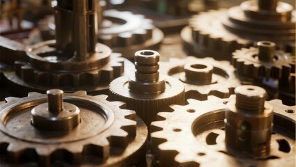 Fototapeta premium Close-up of precision machinery parts on assembly line with warm glow, showcasing advanced manufacturing technology and industrial automation process.