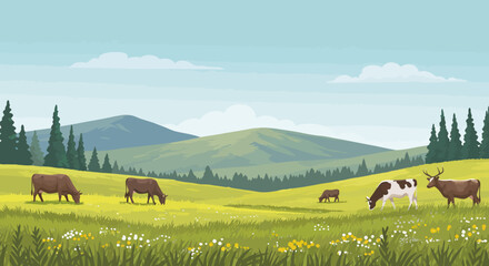 Cows and a deer graze in a field nestled in a green landscape under a partly cloudy sky