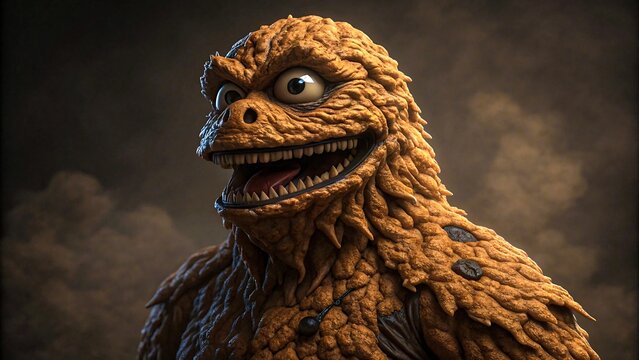 Scary monster character with cookie textured skin and creepy smile made in fantasy style on dark background for creative design