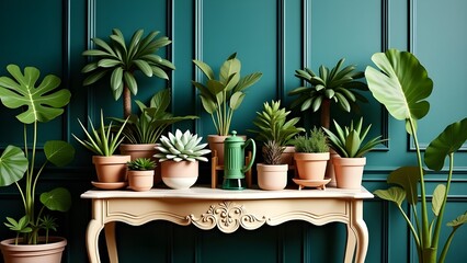 A stylish home garden interior filled with many beautiful plants, cacti, succulents, and air plants in different design pots. The room has green wall paneling, creating a home jungle concept.