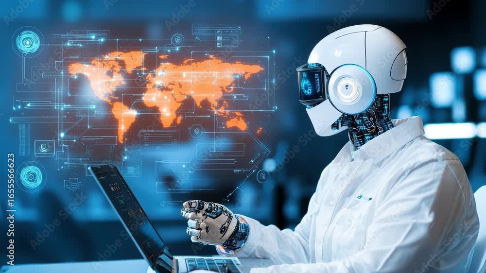 Poster robot artificial intelligence technology futuristic digital computer innovation science world map da