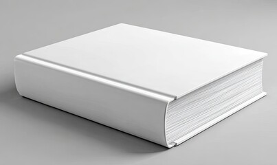 A single, blank, white book, angled slightly, rests on a neutral gray surface.  Its rigid cover and spine are a consistent, bright white, and the interior pages are implied