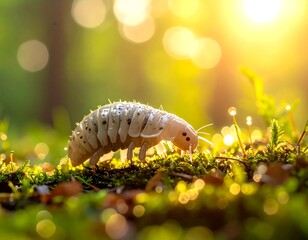 Pillbug on Moss with Sunrise Forest.