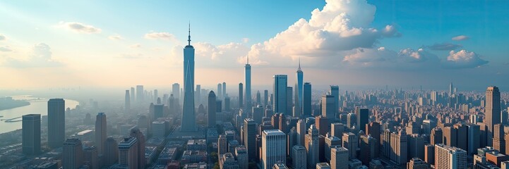 Obraz premium Panoramic view of a sprawling cityscape at sunrise.